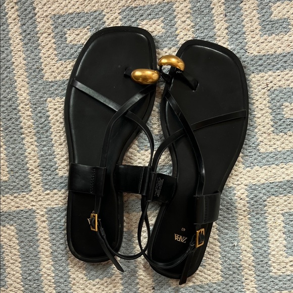 Zara Black Sandals with Gold Accents Size 40 - Picture 1 of 4